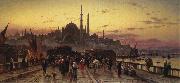 Hermann David Solomon Corrodi Dusk on the Galata Bridge and the Yeni Valide Djami, Constantinople Spain oil painting artist